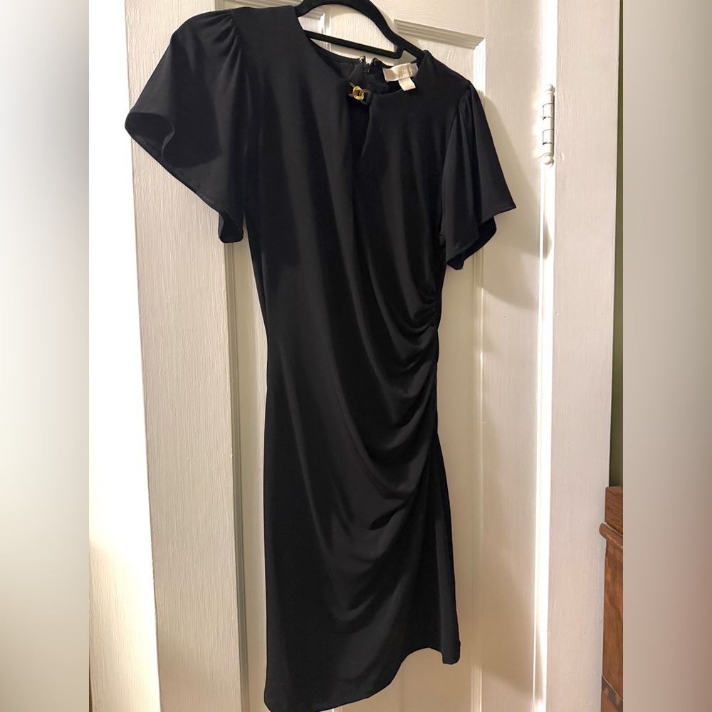 Michael Kors Elegant Black Mini Dress Flutter Sleeve Keyhole Ruched Size S